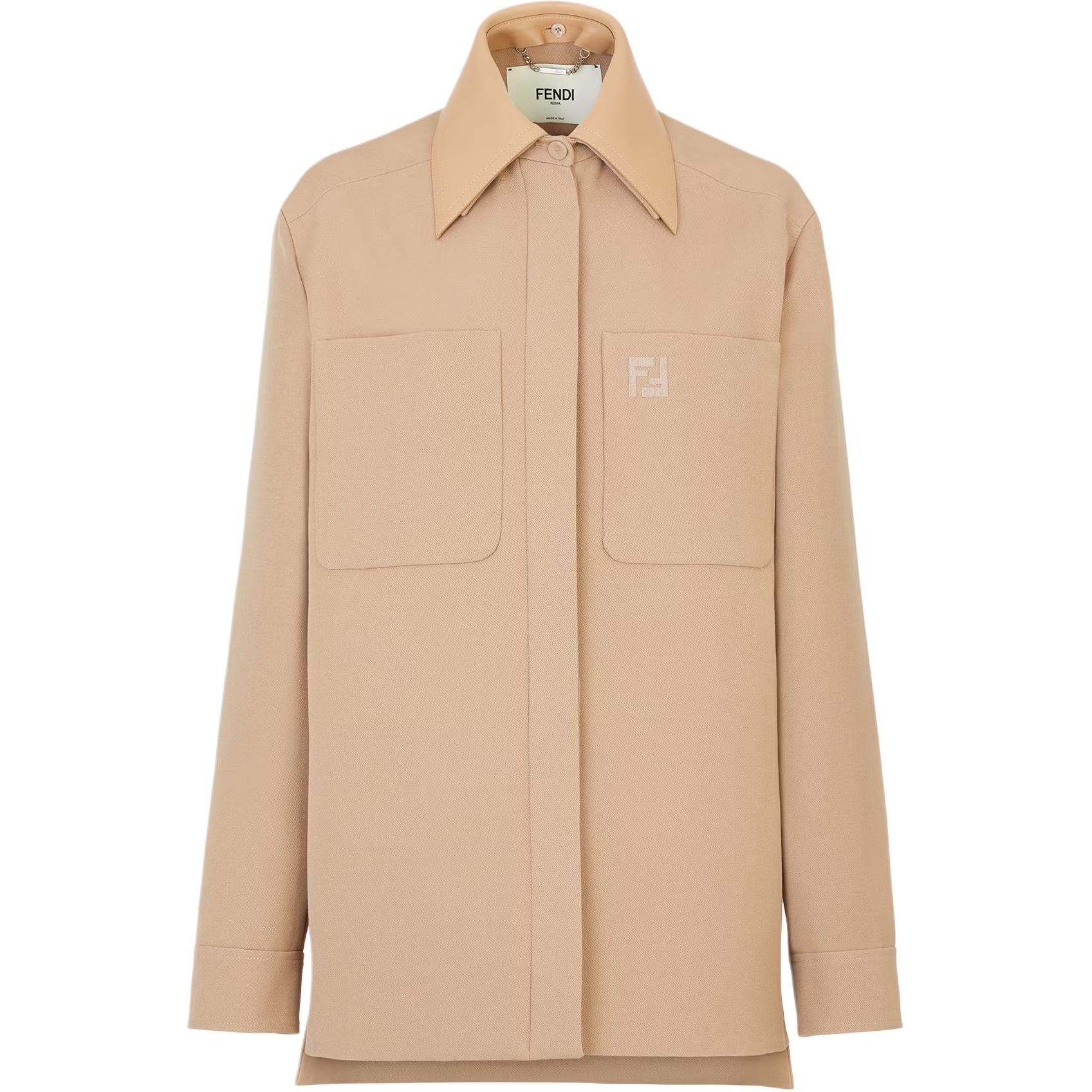 Order (W) FENDI FW24 Jaket Lengan Panjang Beige Logo Kolar Butang Snap. FJ7561AJYFF1PNO