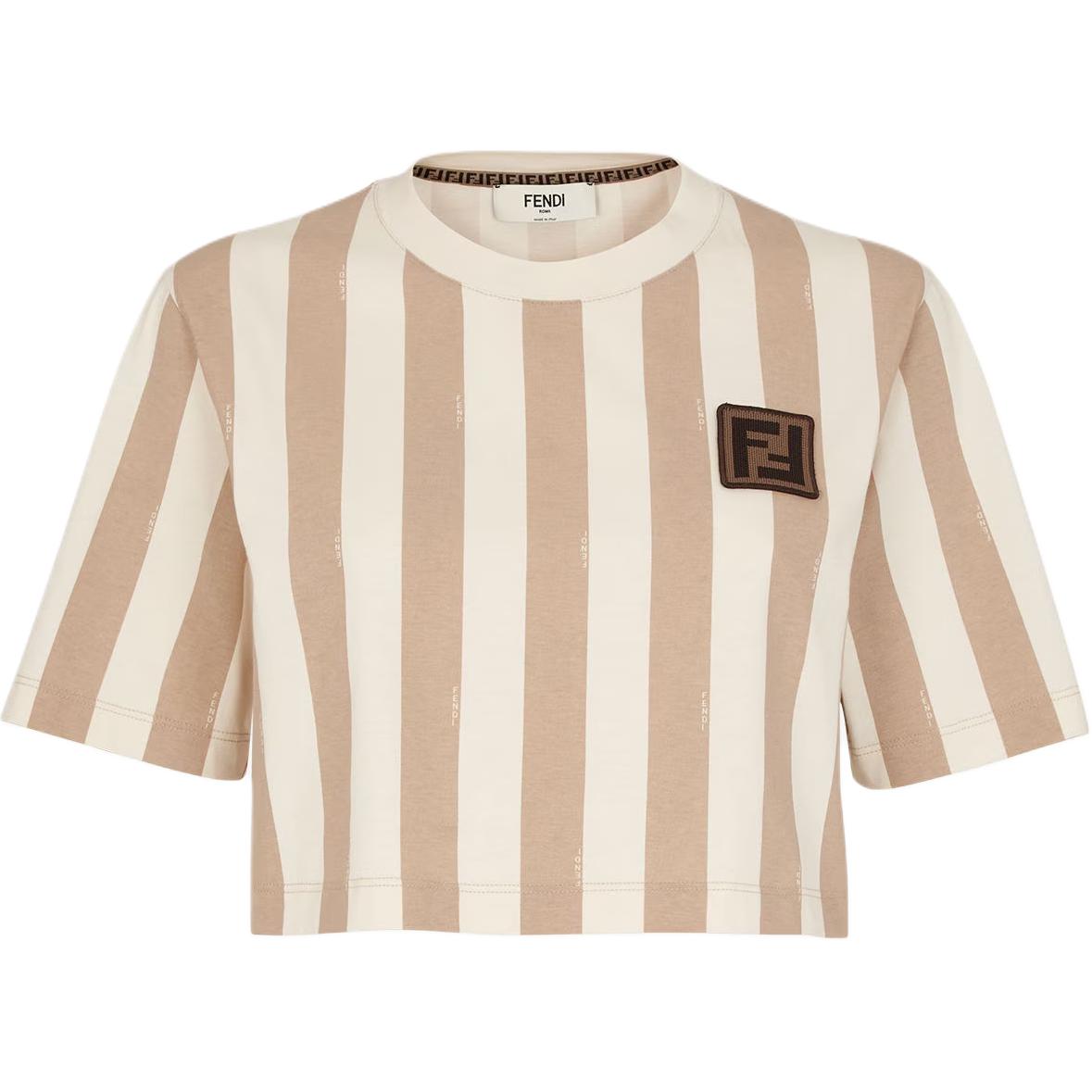 Order (W) Camiseta Beige FENDI FW24 de Rayas con Logo y Manga Corta Casual. FS9662AS8EF1P2V