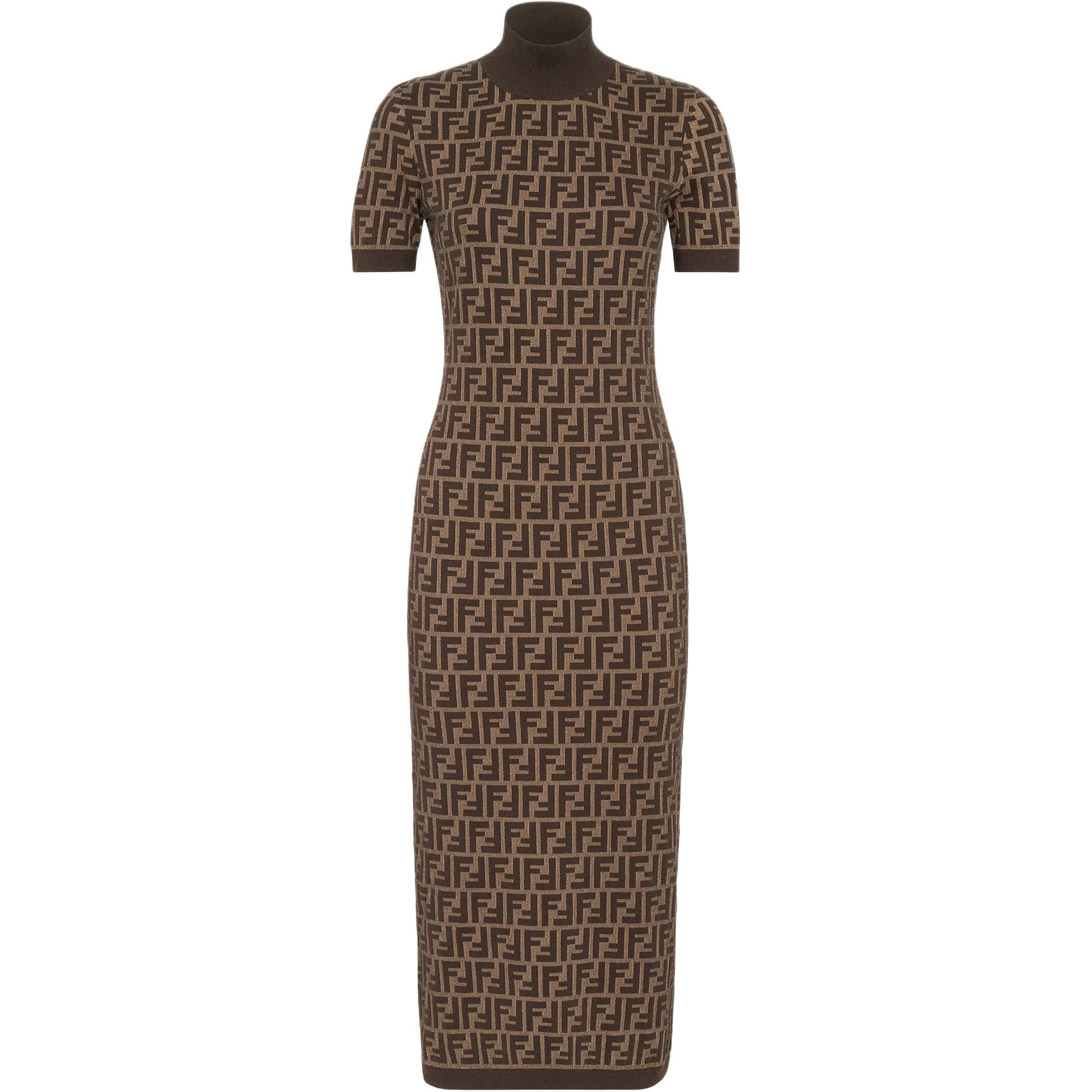 (Women) FENDI FW24  Brown Logo Knit Slim Fit Midi Dress with High Neck. FZDC84ASJTF0GGE