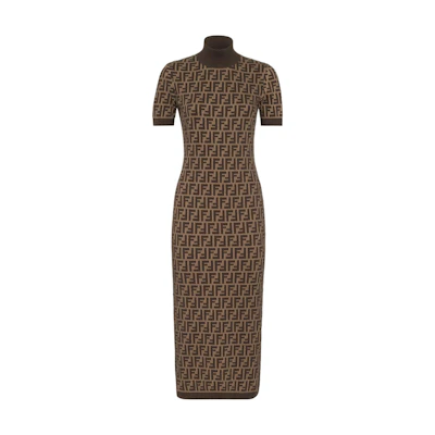 (Women) FENDI FW24 Brown Logo Knit Slim Fit Midi Dress with High Neck. FZDC84ASJTF0GGE