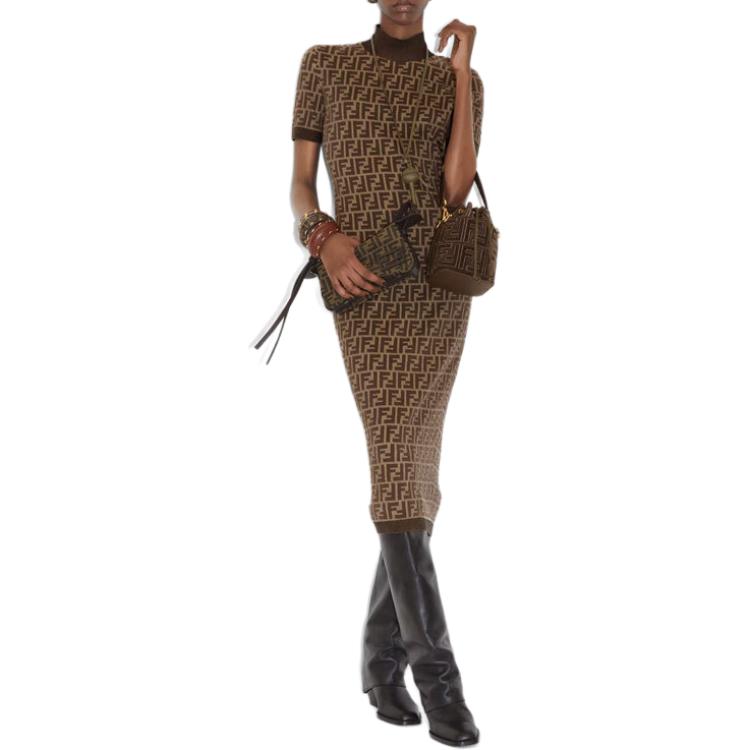 Shop (W) 芬迪 FW24 棕色标志高领修身针织连衣裙中长款。 FZDC84ASJTF0GGE