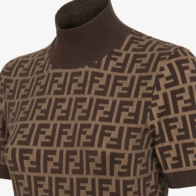 (Women) FENDI FW24 Brown Logo Knit Slim Fit Midi Dress with High Neck. FZDC84ASJTF0GGE Purchase (Women) FENDI FW24 Brown Logo Knit Slim Fit Midi Dress with High Neck. FZDC84ASJTF0GGE