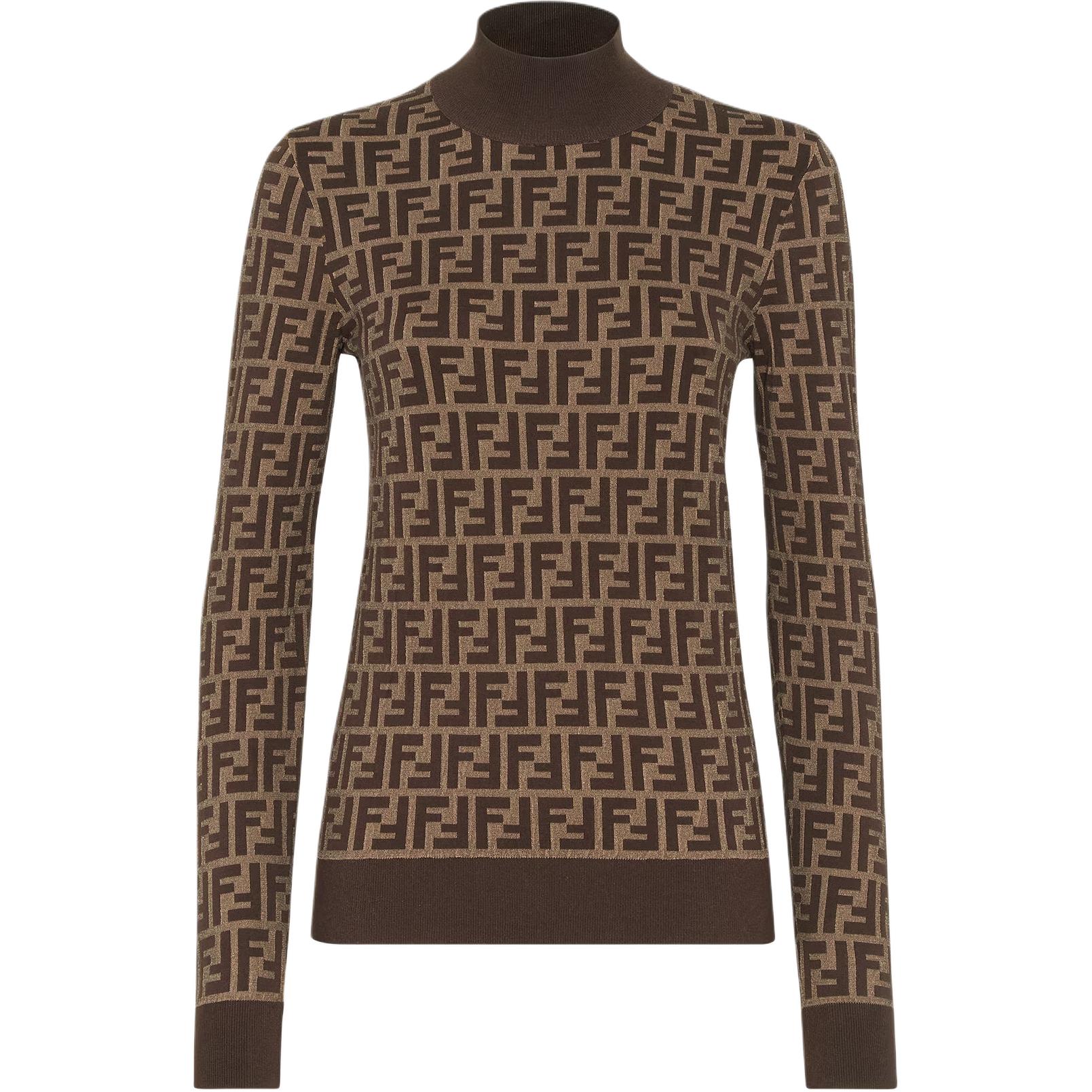 (Women) FENDI FW24  Brown Logo Turtleneck Slim Fit Knit Sweater. FZXC73ASJTF0GGE