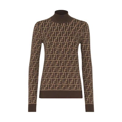 (Women) FENDI FW24 Brown Logo Turtleneck Slim Fit Knit Sweater. FZXC73ASJTF0GGE