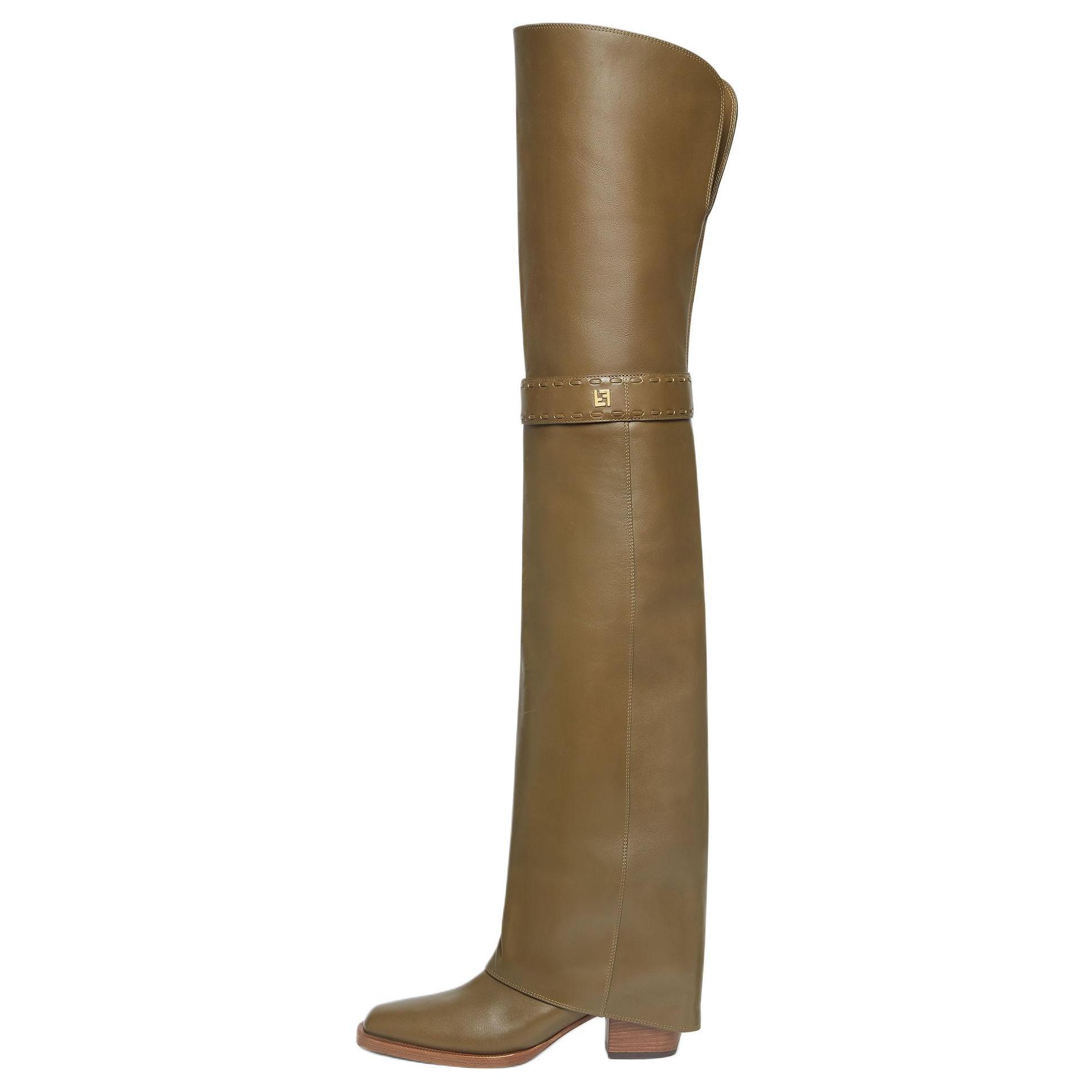 (Women) FENDI Green Leather Square-Toe Over-The-Knee Boots 5.5cm 8W8565NA7F07G8