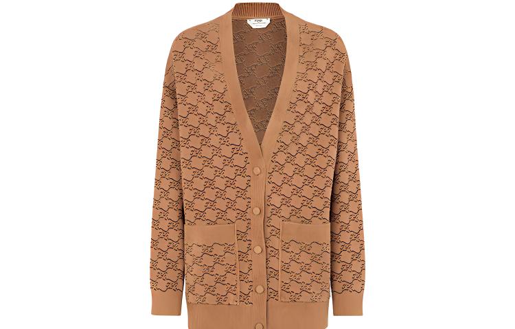(Women) FENDI Knitted Cardigan Brown V-Neck Full Print Casual Long Sleeve. FZC920AHEDF1FLF