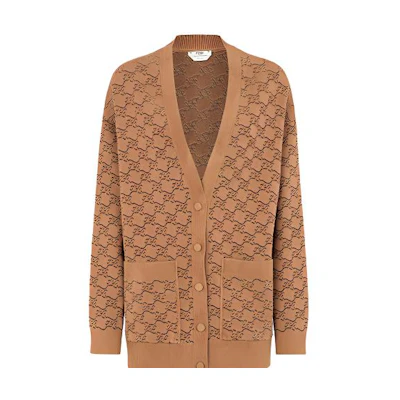 (Women) FENDI Knitted Cardigan Brown V-Neck Full Print Casual Long Sleeve. FZC920AHEDF1FLF