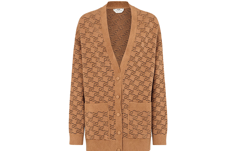Order (W) FENDI 棕色滿版V領針織開衫 長袖休閒毛衣 FZC920AHEDF1FLF