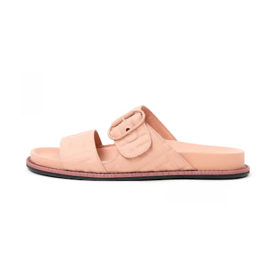 (W) Fendi Leather Open-Toe Buckle Round Toe Flat Pink 'Fashion Slide'