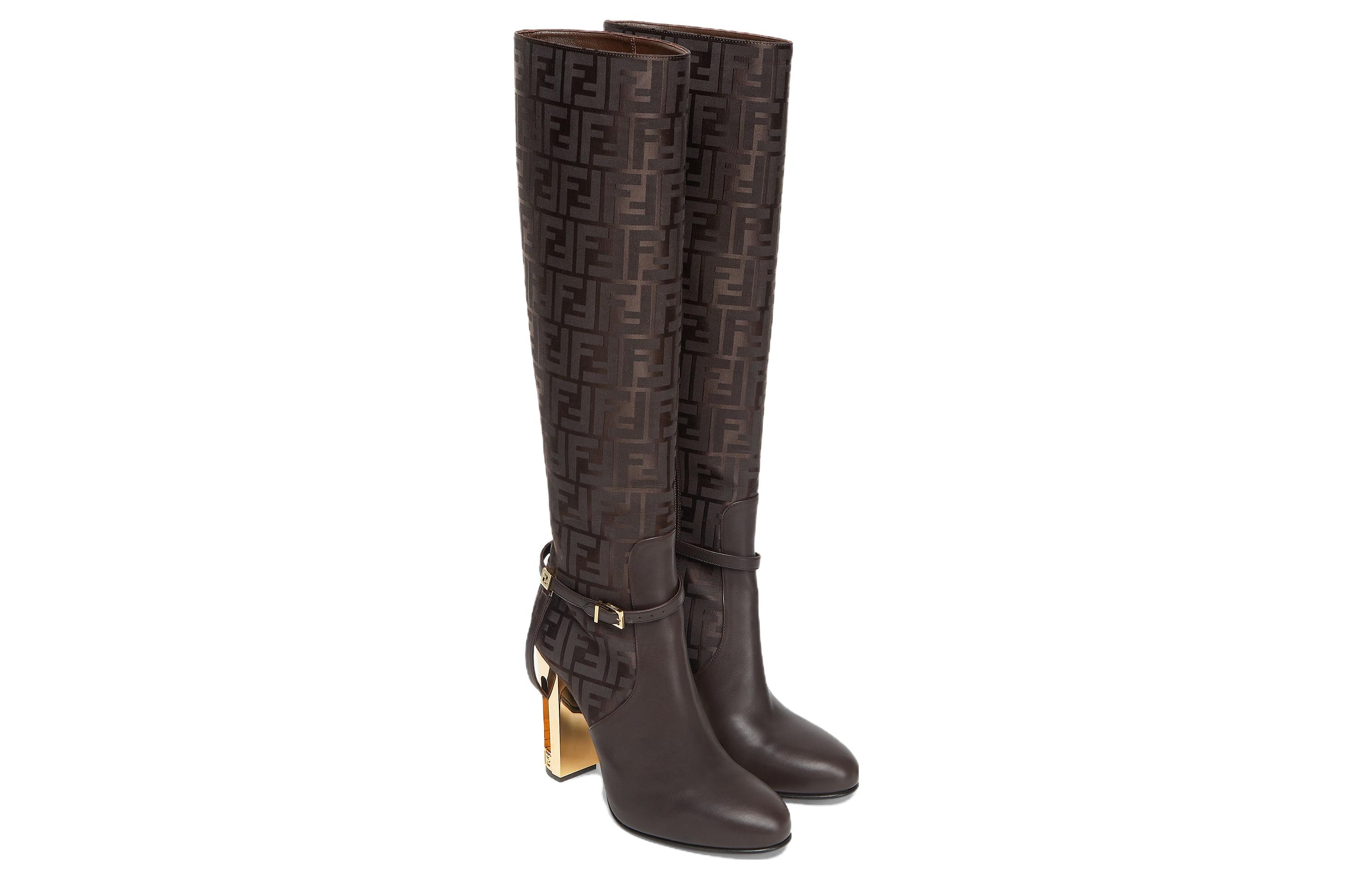 (W) Fendi Leather Simple High Heel Tall Boots 'Brown' 圖 4