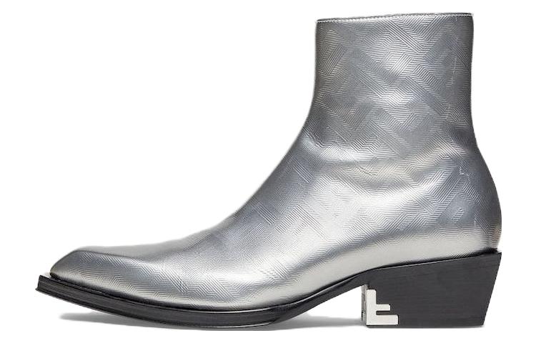 (W) Fendi Leather Square Toe Zip Ankle Boot 'Silver'