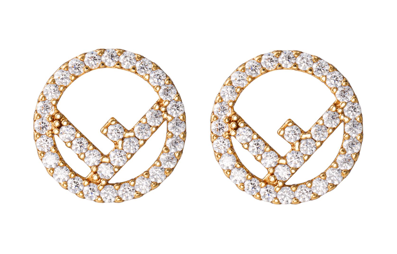 (Women) FENDI Logo Design Gold Earrings with Cubic Zirconia for Women. 8AG7386DMF089U