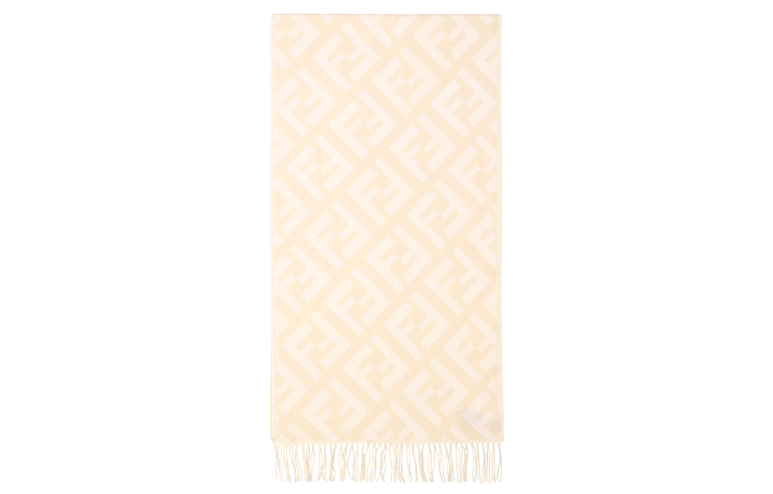 (Women) FENDI Long Cashmere Scarf with Fringe FF Logo Beige for Women FXT260A8RSF0QB9