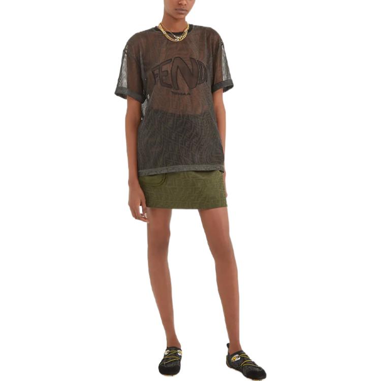 Shop (W) 펜디 메쉬 라운드넥 오버사이즈 티셔츠 SS21 브라운 티셔츠 FS7375AG77F118W