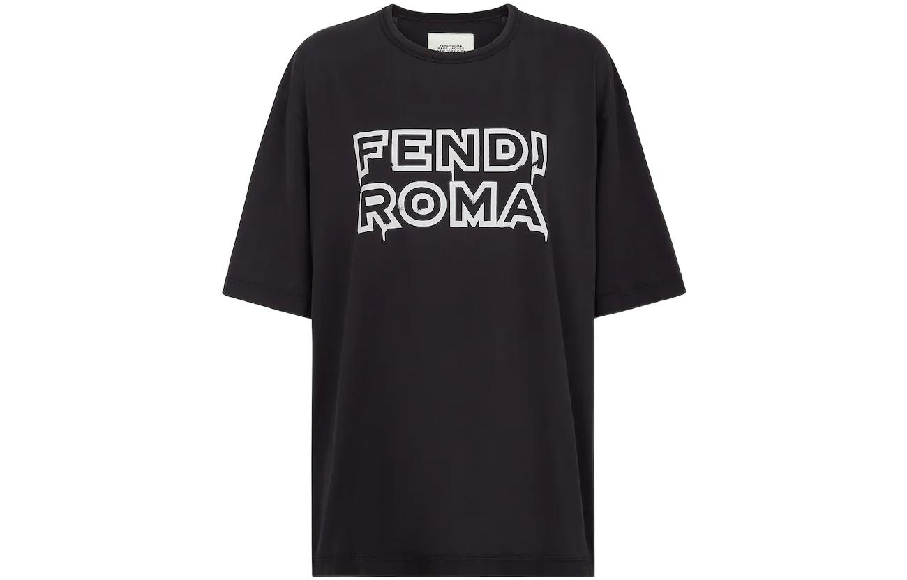(Women) FENDI Roma Capsule SS23  Black Letter Print Casual T-Shirt. FS7934AMGUF1K1W