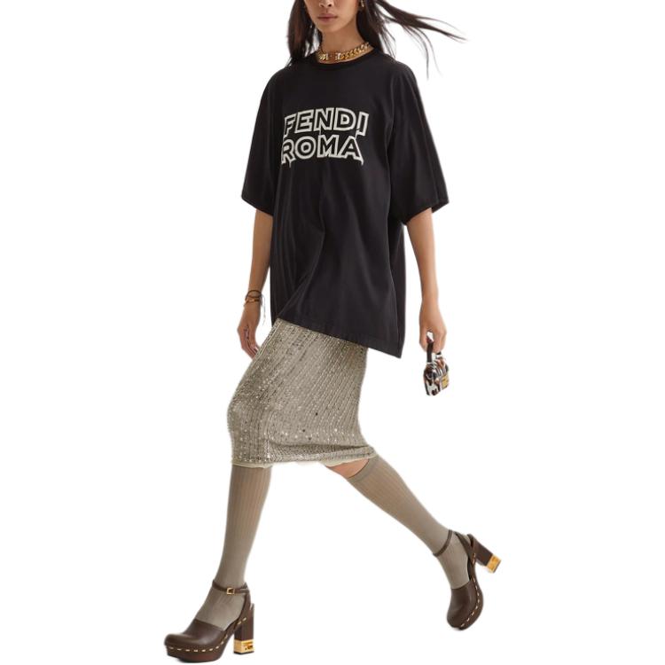 Shop (W) FENDI Roma膠囊系列SS23黑色字母印花休閒T恤 FS7934AMGUF1K1W