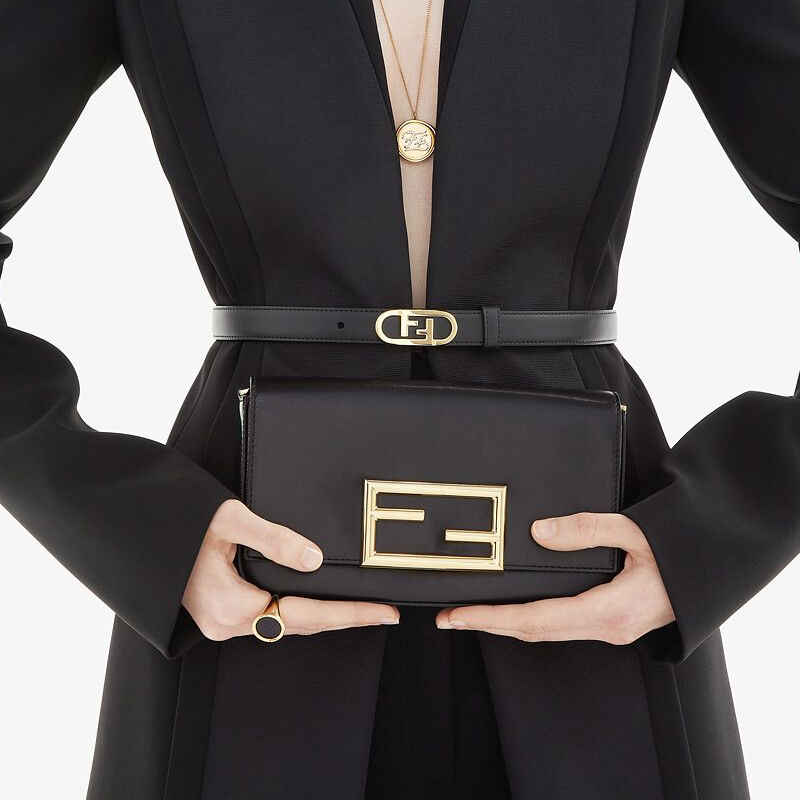 Lookbook (Women) FENDI Smooth Buckle Gold Double F Black Leather Belt Women 2cm 8C0652AAIWF0KUR