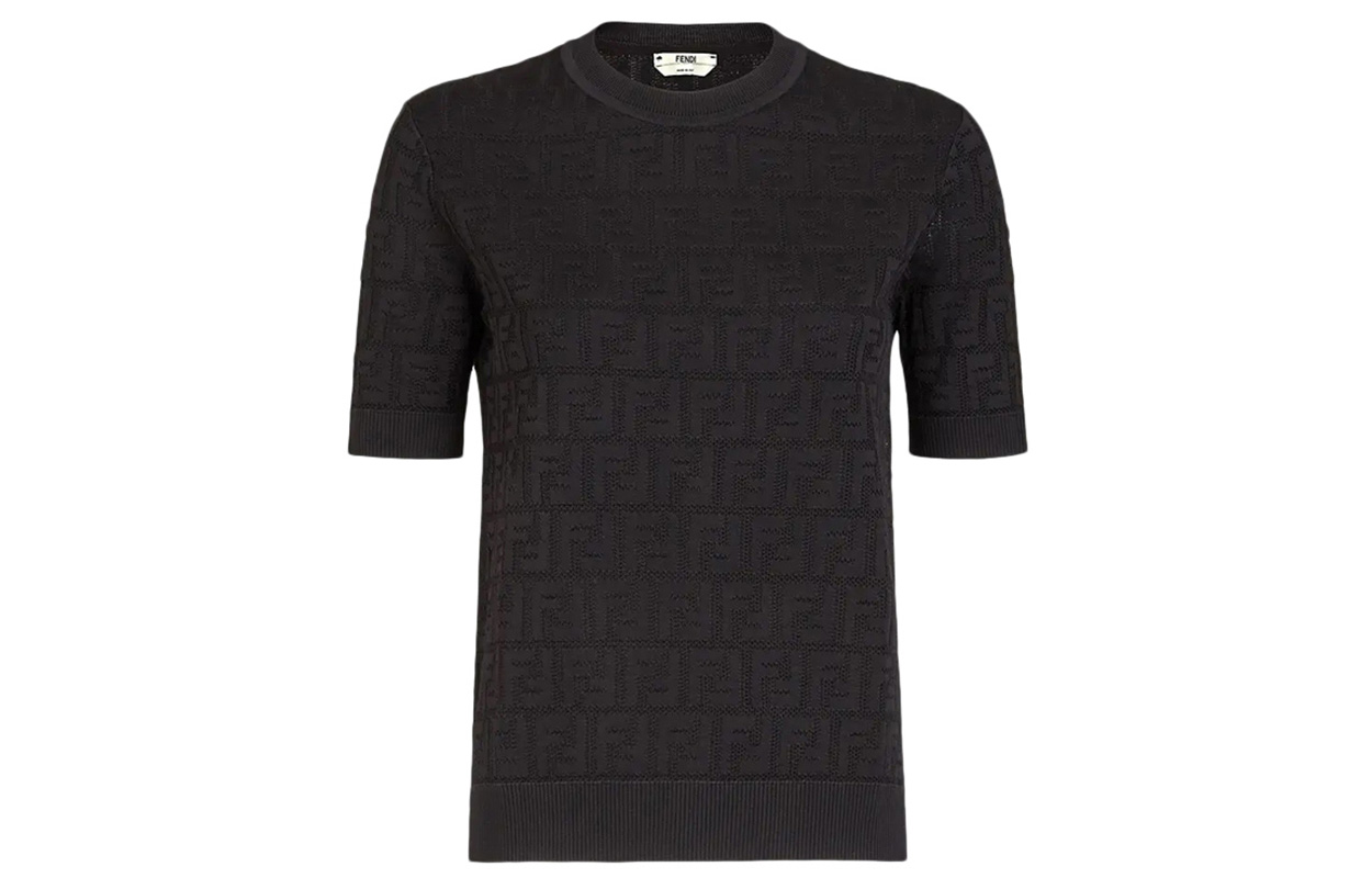 (Women) FENDI SS21 Black Knit T-Shirt with FF Logo Print. FZY934-ABWQF0GME