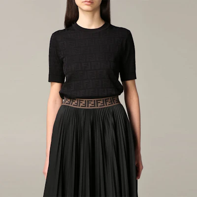 (W) FENDI SS21 Baju-T Hitam Rajut dengan Cetakan Logo FF. FZY934-ABWQF0GME Shop (W) FENDI SS21 Baju-T Hitam Rajut dengan Cetakan Logo FF. FZY934-ABWQF0GME