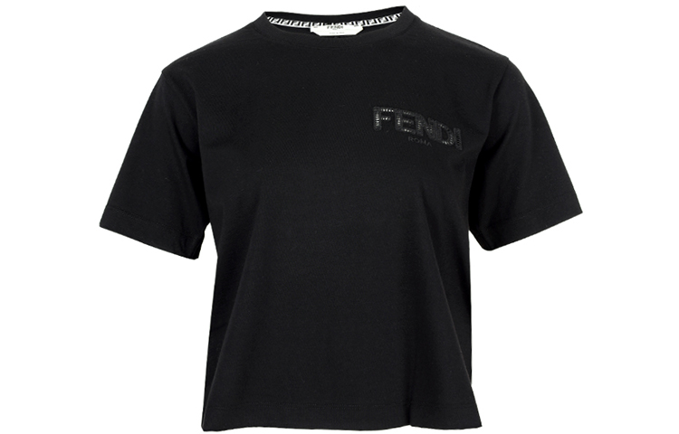 (Women) FENDI SS21 Black Logo Print Crewneck Short Sleeve T-Shirt. FS7389AFLTF0GME