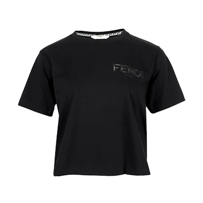 (Women) FENDI SS21 Black Logo Print Crewneck Short Sleeve T-Shirt. FS7389AFLTF0GME