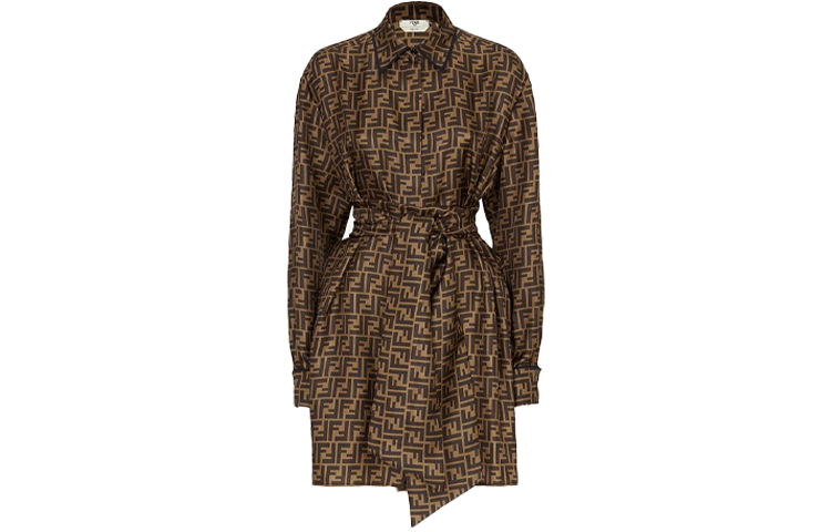 (Women) FENDI SS21 Brown Twill Long-Sleeve Dress. FDB613A8G3F1440