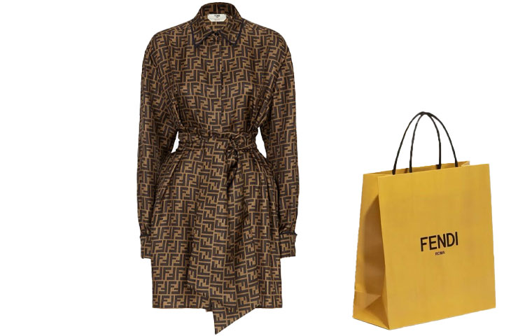 Shop (W) 芬迪2021春夏系列棕色斜纹布长袖连衣裙。 FDB613A8G3F1440