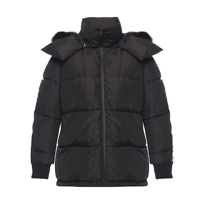 (Women) FENDI SS22 Black Logo Print Hooded Fur Collar Jacket. FAA432A8WUF0GME