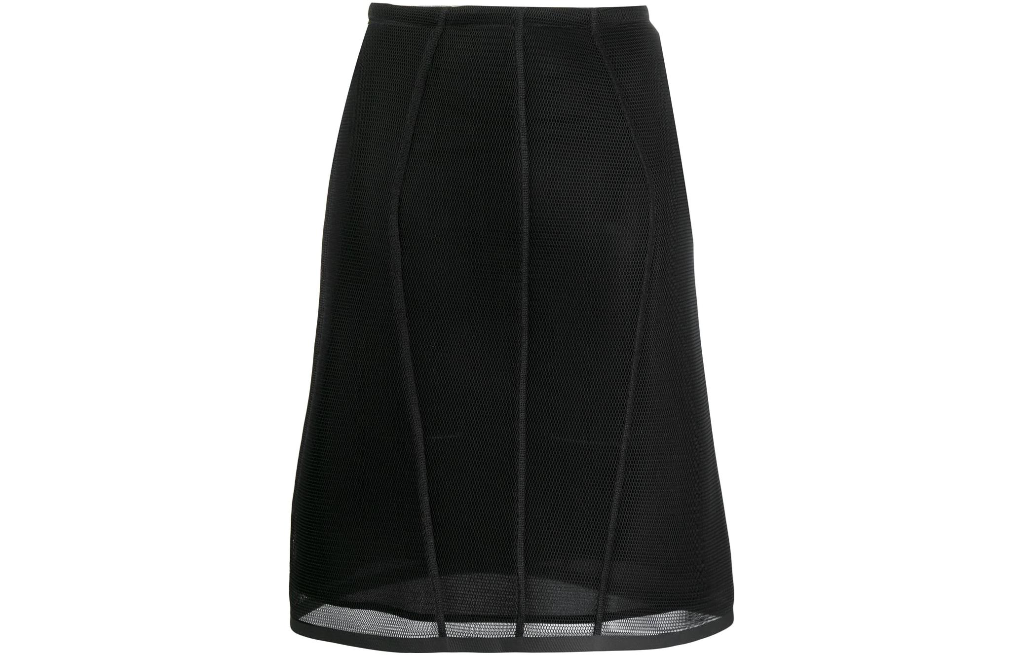 Order (W) FENDI SS22 Falda Midi Mesh de Tiro Alto en Negro. FQ7114A9ENF0GME