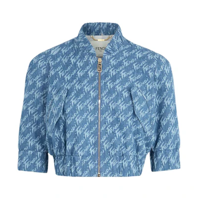 (Women) FENDI SS22 Light Blue Cropped Jacket with All-Over Logo Print. FLF671AJK2F1H3F