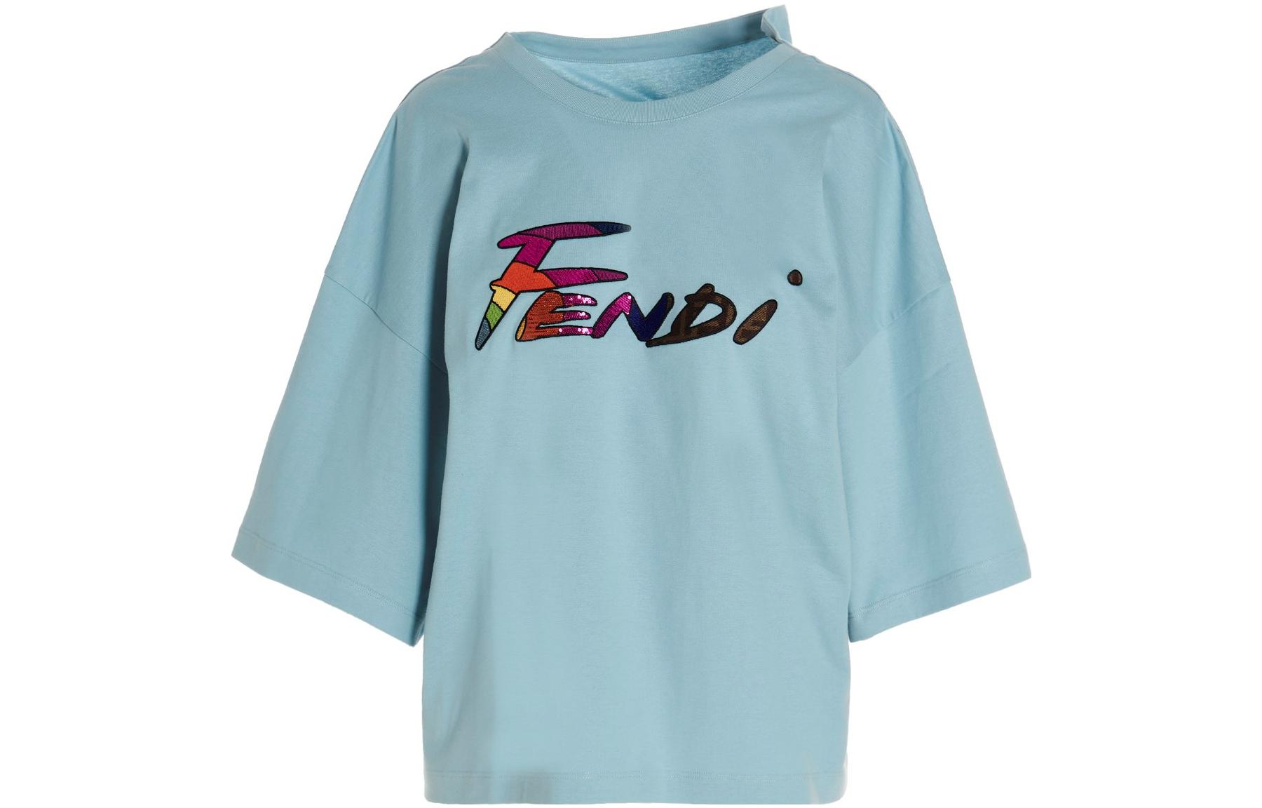 Order (W) 펜디 SS22 로고 프린트 티셔츠 미스트 블루. FS7890AJXGF1H3F
