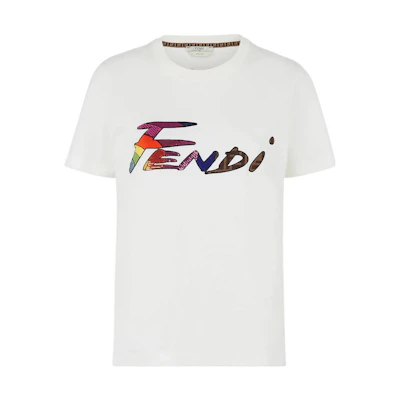 (Women) FENDI SS22 White Logo Printed Crewneck Casual T-Shirt. FS7254AJXGF0ZNM