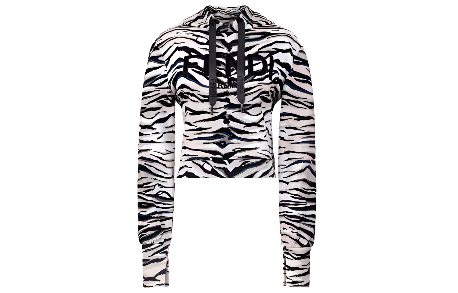 (Women) FENDI SS22 Contrast Tiger Print Cotton Hoodie Women’s White. FS7516AIE1F03N9