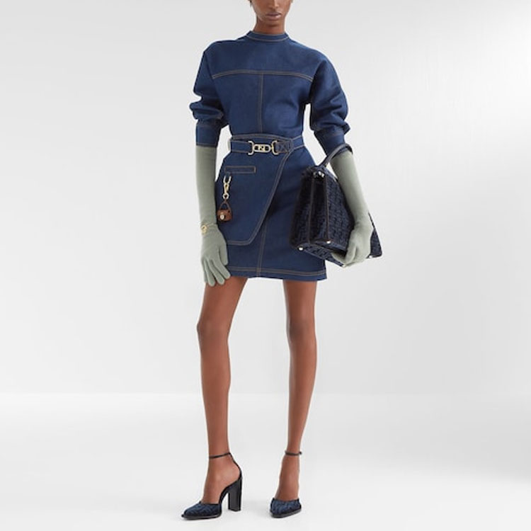 Shop (W) FENDI SS22 女士蓝色纯色长袖中长拉链连衣裙 FLD545ALC1F0QA2