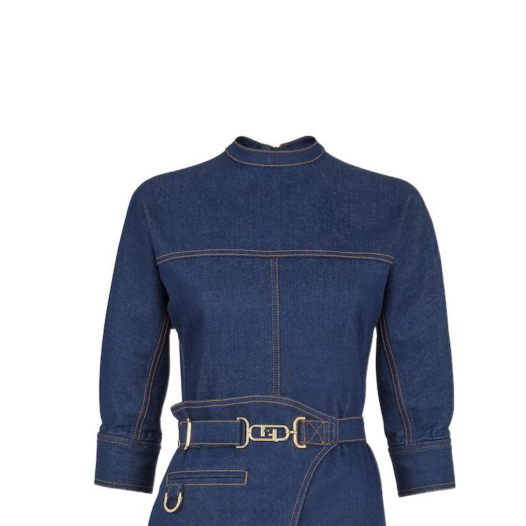 Sizing (W) FENDI SS22 女士蓝色纯色长袖中长拉链连衣裙 FLD545ALC1F0QA2