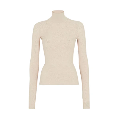 (Women) FENDI SS23 Beige Floral Embroidered High-Neck Knit Sweater FZXA37AQ40F1M28