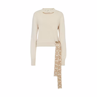 (Women) FENDI SS23 Beige Knit Sweater with Letter Logo Print. FZX969ANJJF084J