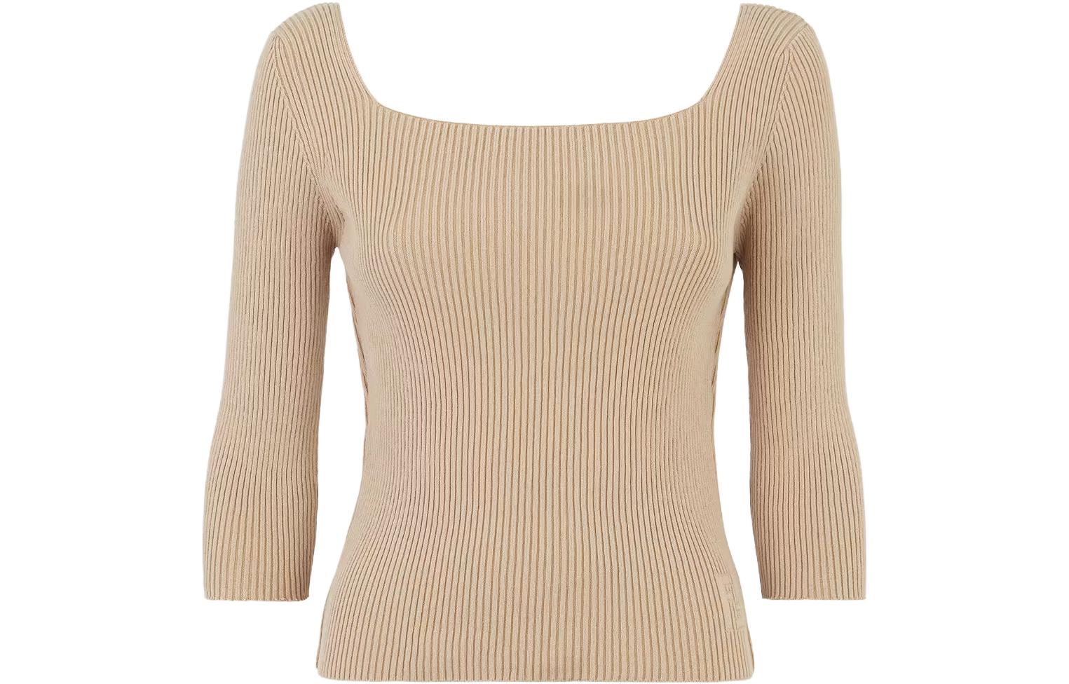 (Women) FENDI SS23  Beige Knitted Pullover Sweater Round Neck 3/4 Sleeve FZX979ANJBF1KE0