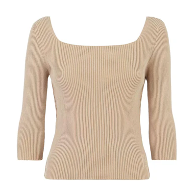 (Women) FENDI SS23 Beige Knitted Pullover Sweater Round Neck 3/4 Sleeve FZX979ANJBF1KE0