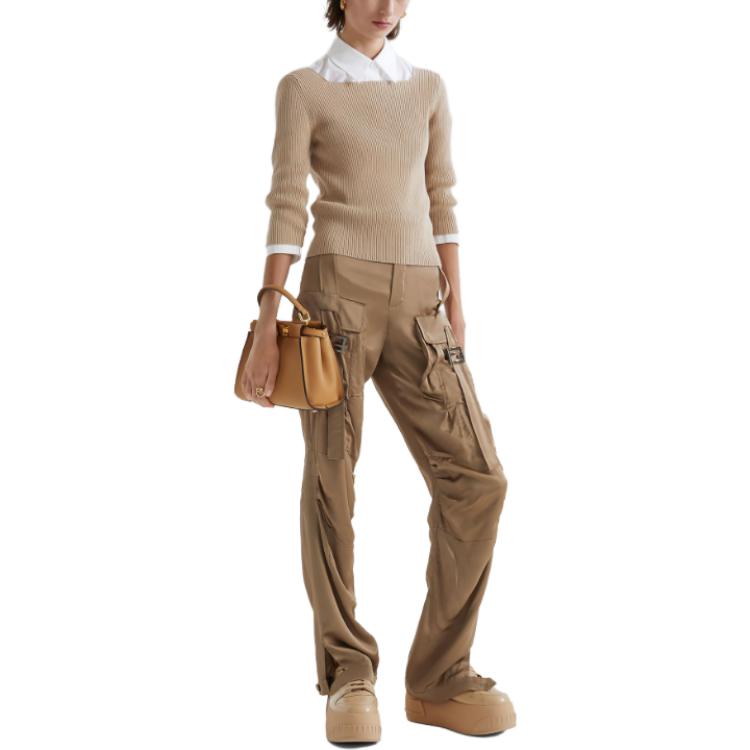 Shop (W) FENDI SS23 Beige Pullover Rajut Leher Bulat Lengan 3/4 FZX979ANJBF1KE0