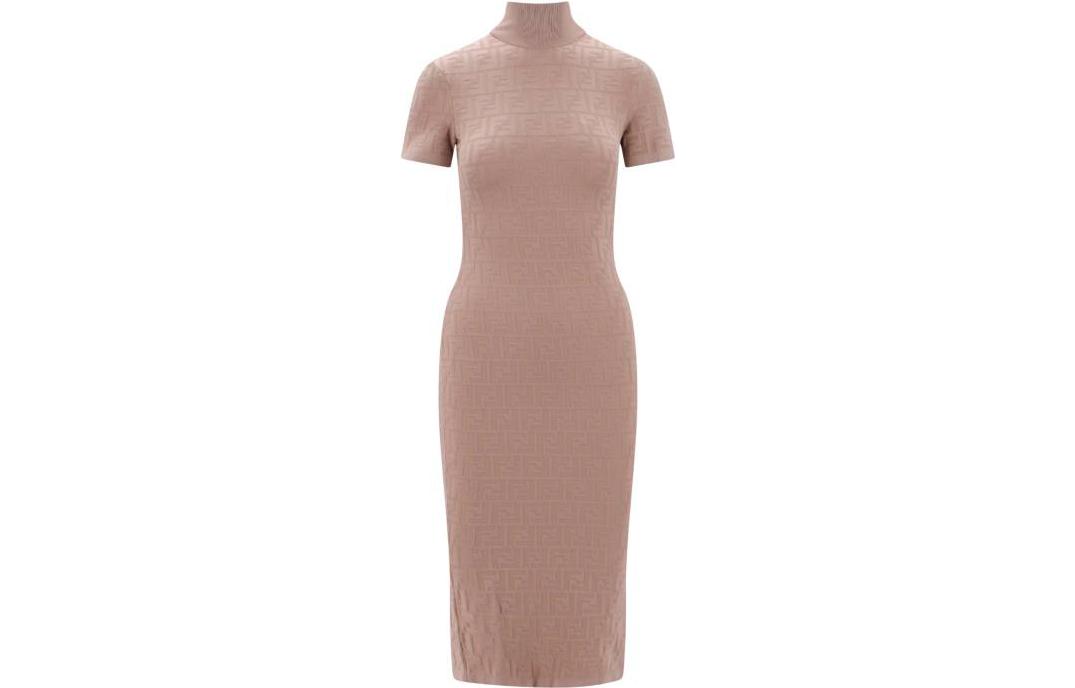 (Women) FENDI SS23  Beige Slim Fit Short Sleeve Logo Print Dress. FZDB15ANJPF1KE0