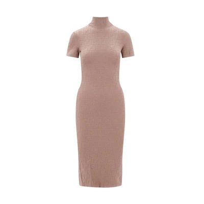 (Women) FENDI SS23 Beige Slim Fit Short Sleeve Logo Print Dress. FZDB15ANJPF1KE0