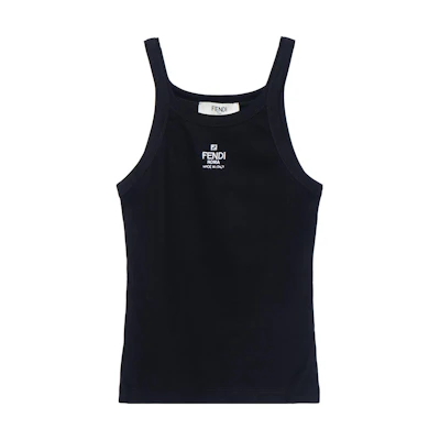 (Women) FENDI SS23 Black Crewneck Tank Top with Logo Print. FS7966ANQMF0GME