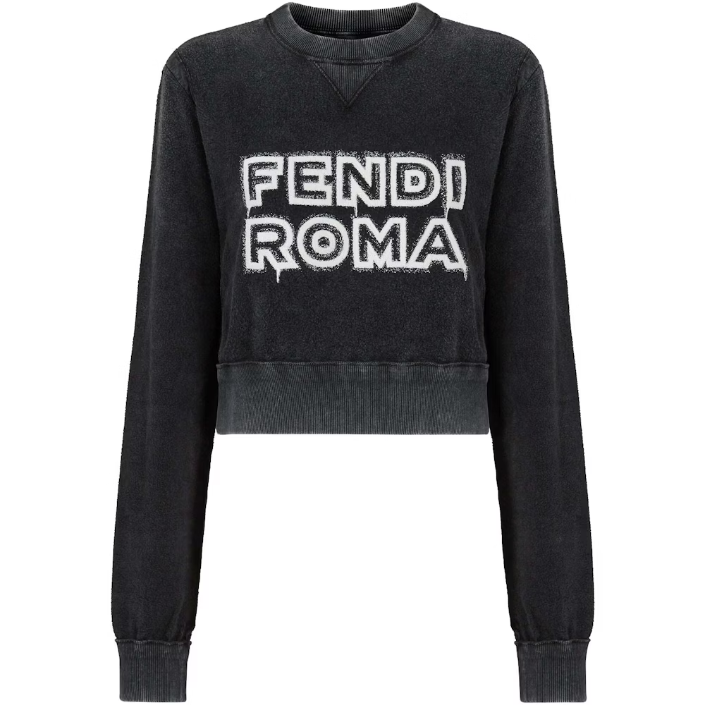 (Women) FENDI SS23  Black Letter Print Ribbed Crewneck Sweatshirt. FS7948AMGTF1K1W
