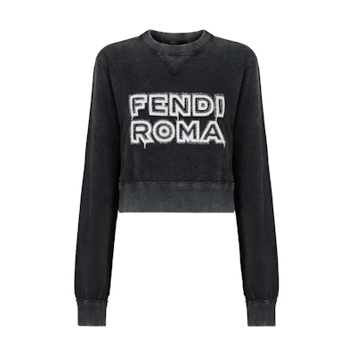 (Women) FENDI SS23 Black Letter Print Ribbed Crewneck Sweatshirt. FS7948AMGTF1K1W