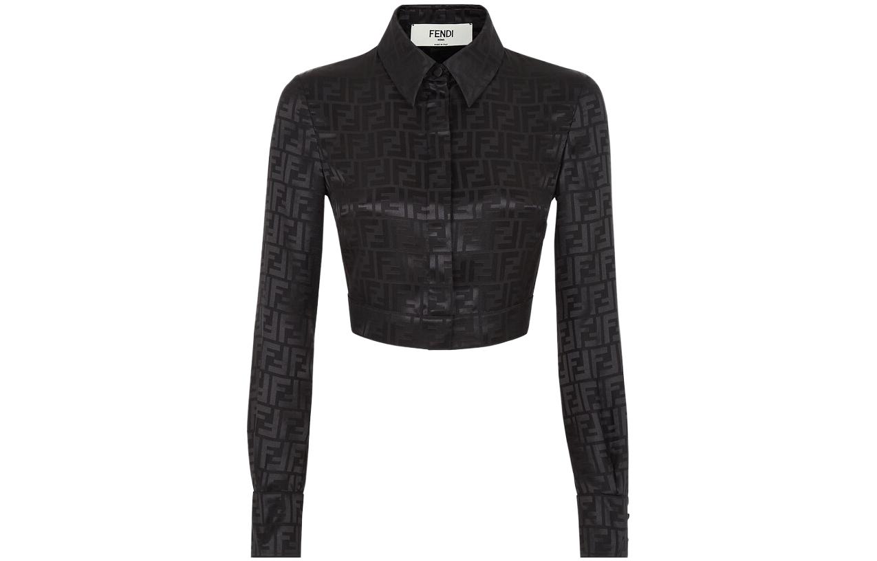 (Women) FENDI SS23  Black Logo Jacquard Crop Long-Sleeve Shirt. FS7994AJ0ZF0GME
