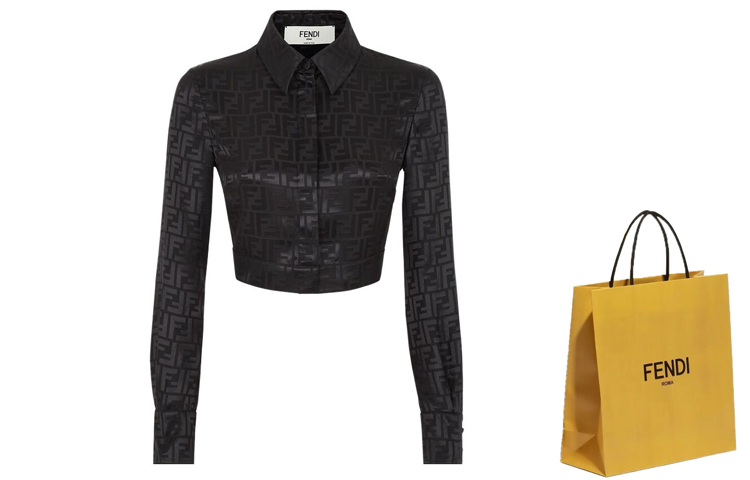 Shop (W) FENDI SS23 Kemeja Crop Lengan Panjang Logo Jacquard Hitam. FS7994AJ0ZF0GME