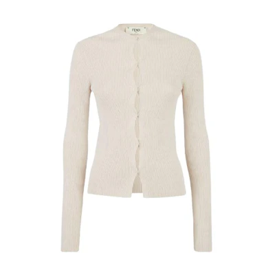 (Women) FENDI SS23 Ivory White Solid Color Round-Neck Knit Pullover Sweater. FZC963ANJBF084J