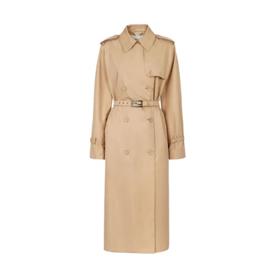 (Women) FENDI SS23 Khaki Double-Breasted Leather Belt Trench Coat. FF8980AK6DF1KE0