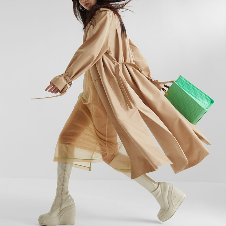 Shop (W) FENDI SS23 Jaket Trench Khaki Sabuk Kulit Double-Breasted. FF8980AK6DF1KE0